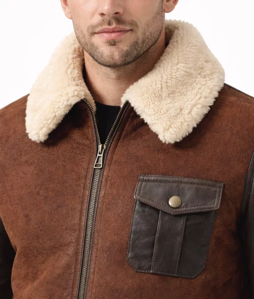 Cairo Men&rsquo;s Brown Leather Shearling Aviator Jacket - Collar