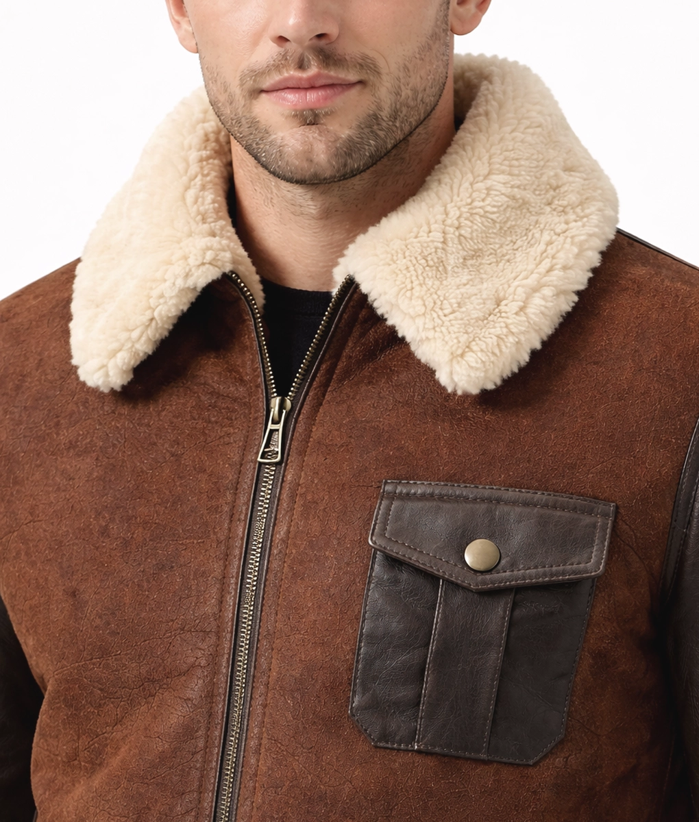 Cairo Men&rsquo;s Brown Leather Shearling Aviator Jacket - Collar