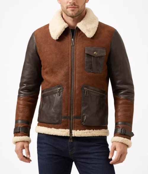 Cairo Men’s Brown Leather Shearling Aviator Jacket - Front