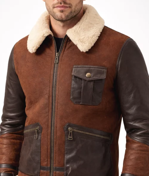 Cairo Men&rsquo;s Brown Leather Shearling Aviator Jacket - Zoom Front