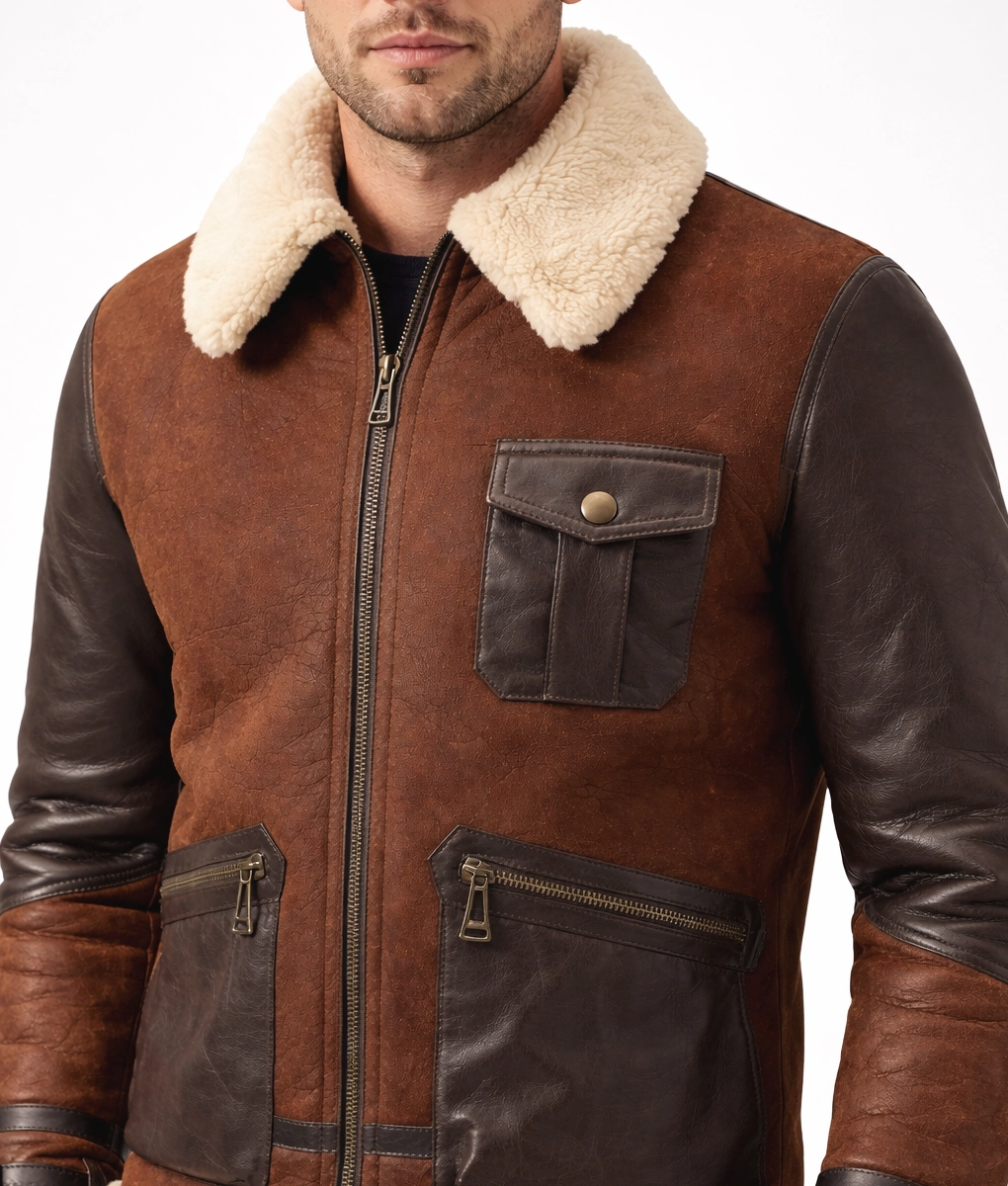 Cairo Men&rsquo;s Brown Leather Shearling Aviator Jacket - Zoom Front