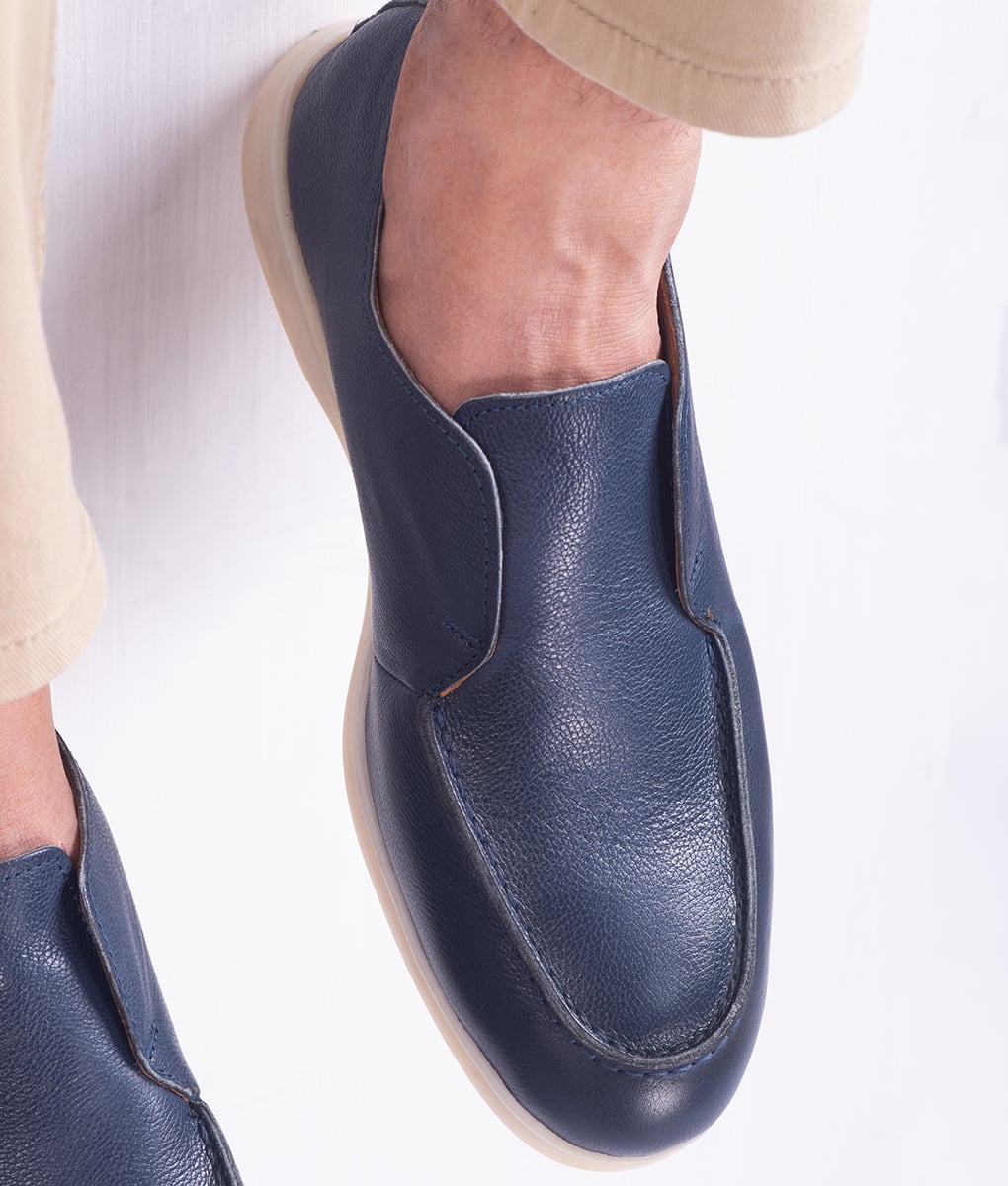 Men's Blue Leather Black Slip-on Boots