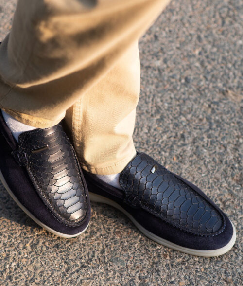 Men's Blue Suede Leather Crocodile Style Slip-on Shoes