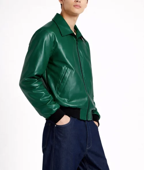 Men's Dark Green Leather Jacket | Men's Green Bomber Leather Jacket-4