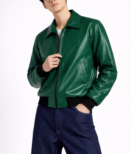 Men's Dark Green Leather Jacket | Men's Green Bomber Leather Jacket-5