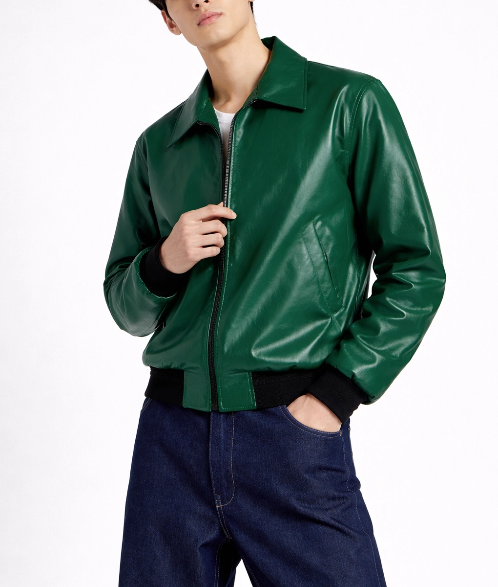 Men's Dark Green Leather Jacket | Men's Green Bomber Leather Jacket-5
