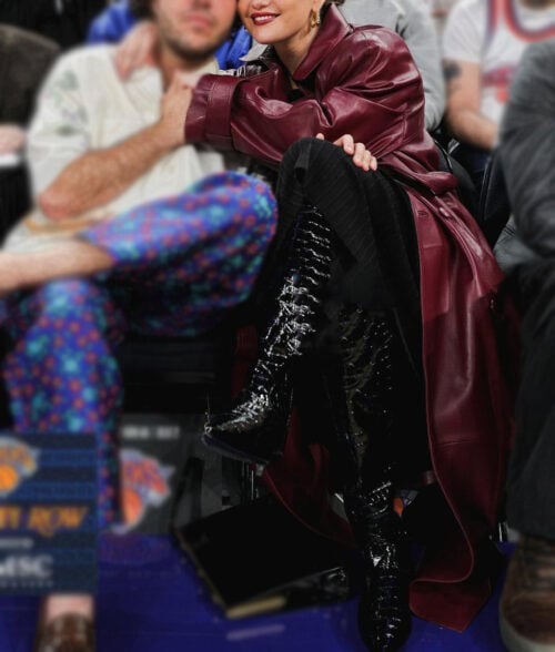 Selena Gomez Maroon Leather Trench Coat - Selena Gomez Knicks Game Leather Trench Coat - Front View 2