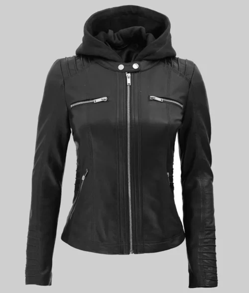 Women's Detachable Hooded Motor Bike Leather Jacket