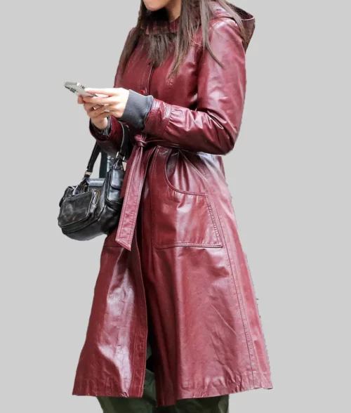 Emily Ratajkowski Hooded Burgundy Coat