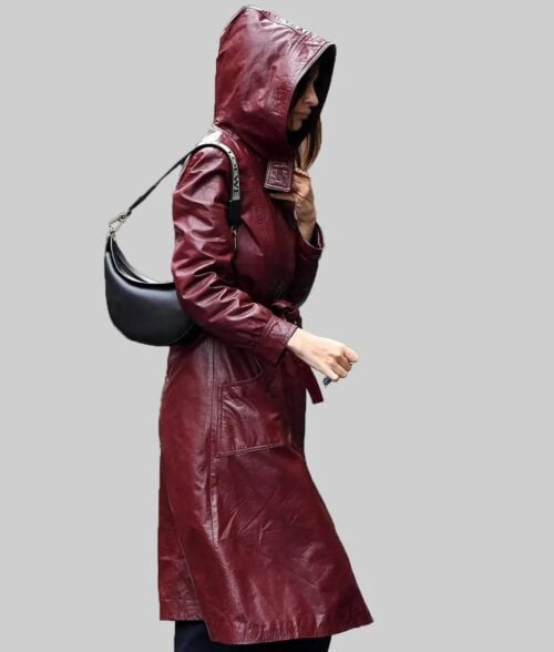 Emily Ratajkowski Hooded Burgundy Coat