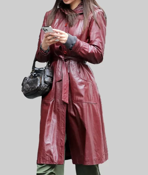 Emily Ratajkowski Hooded Burgundy Coat
