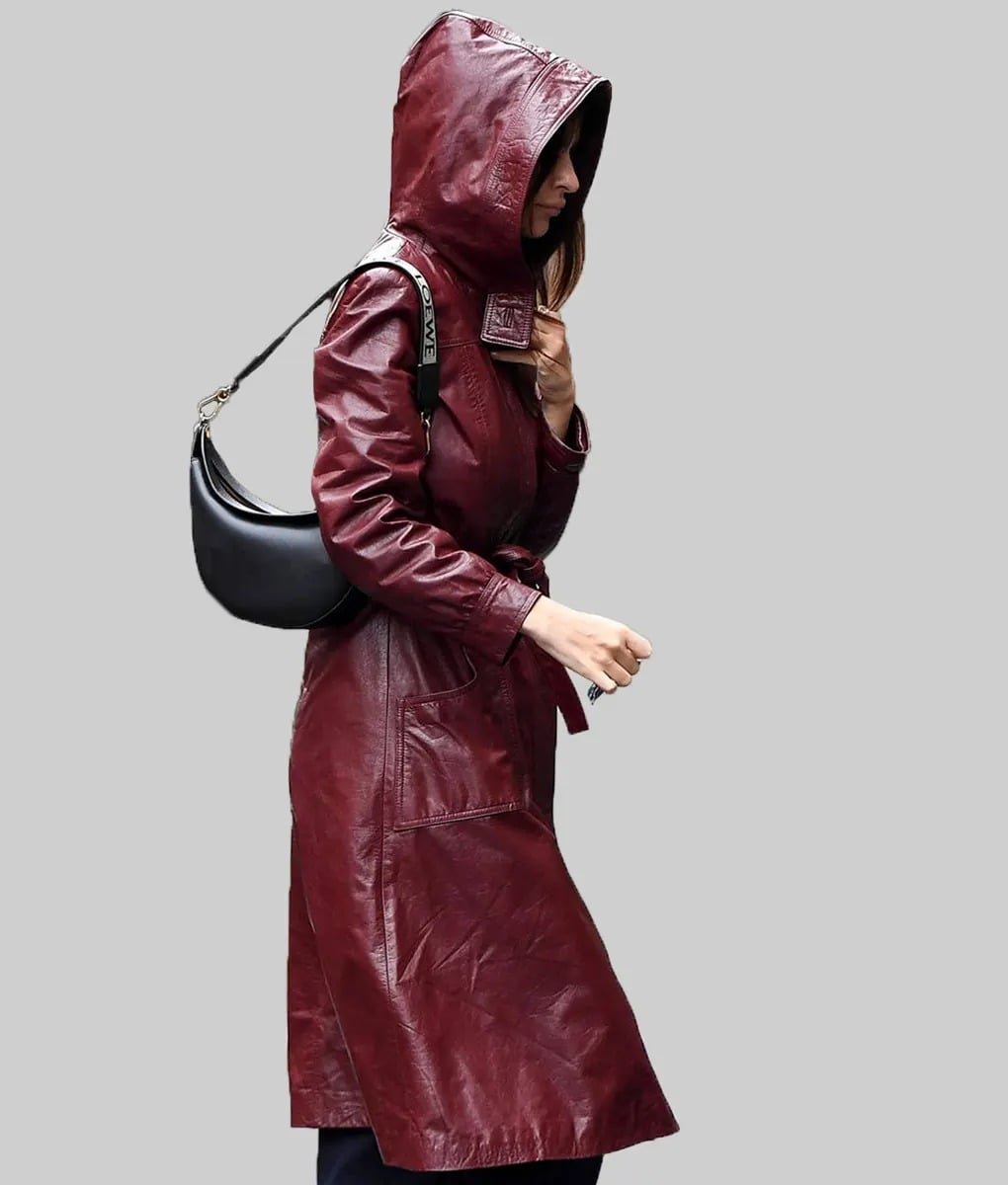 Emily Ratajkowski Hooded Burgundy Coat