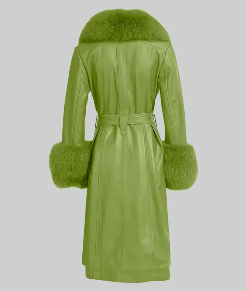 Green Leather Look Faux Fur Trim Belted Coat