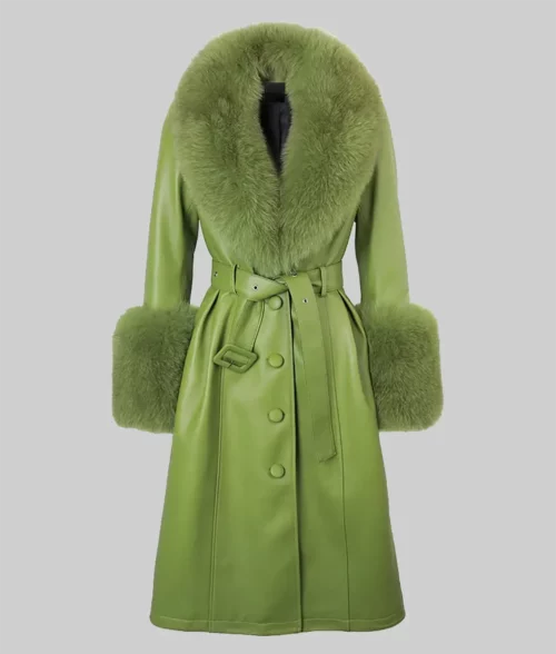 Green Leather Look Faux Fur Trim Belted Coat