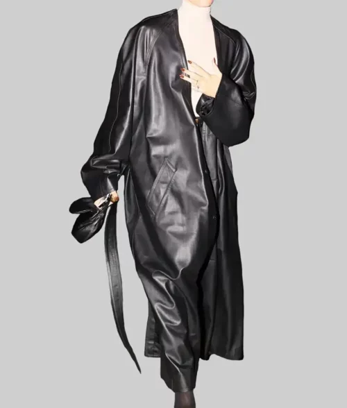 Hailey Bieber Black Leather Trench Coat