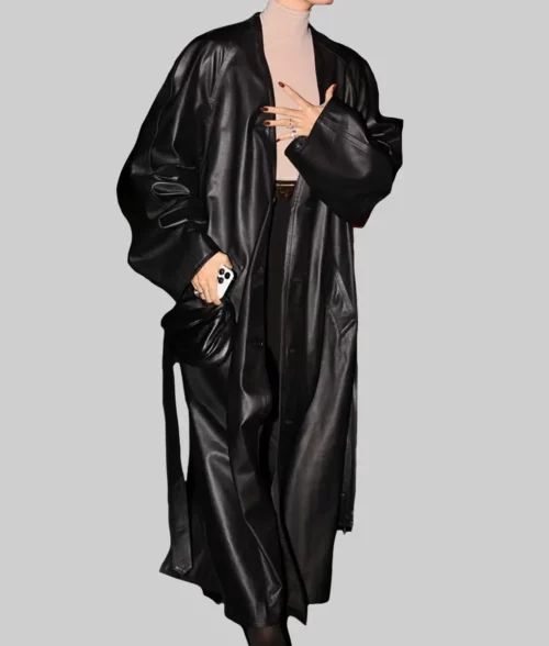 Hailey Bieber Black Leather Trench Coat