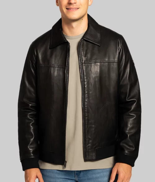 Men's Black Classic Leather Jacket-Front View