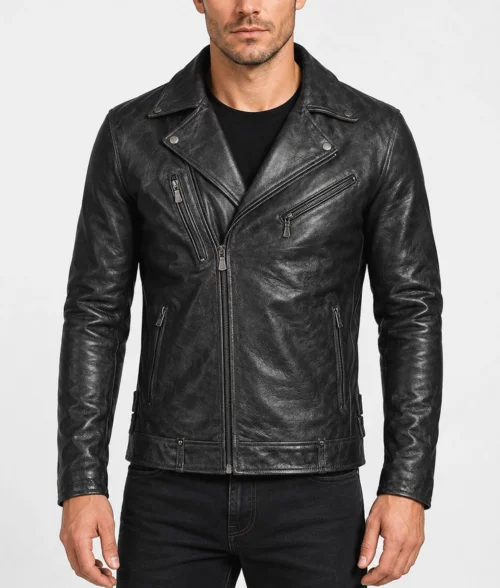 Men's Black Distressed Leather Jacket - Front