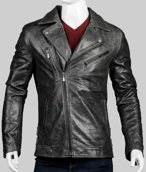 Men's Black Distressed Leather Jacket-FrontView