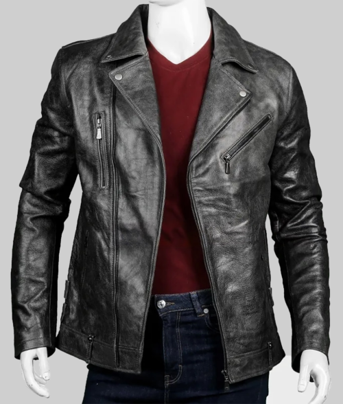 Men's Black Distressed Leather Jacket-FrontView2