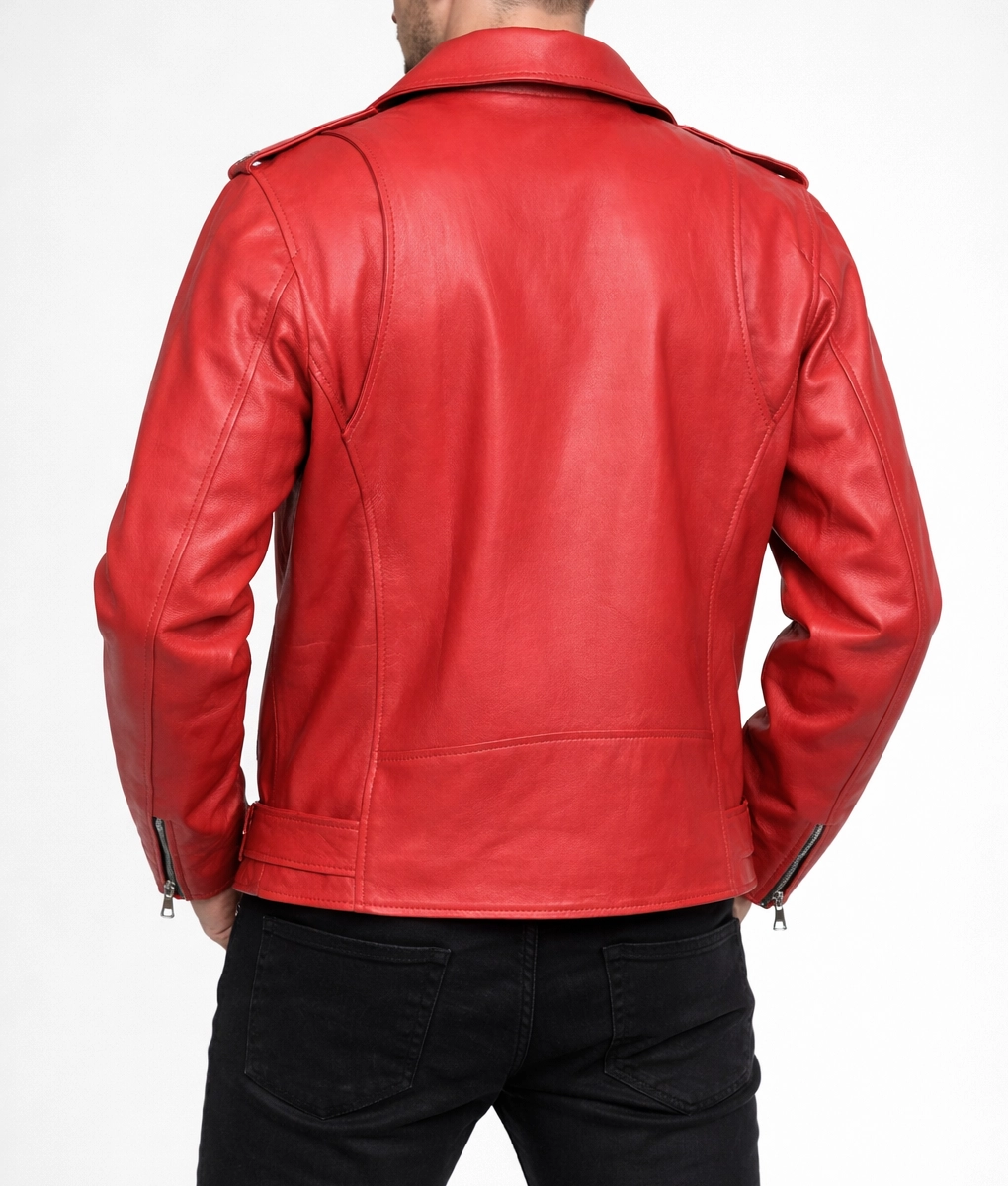 Men&rsquo;s Red Leather Biker Jacket - Back