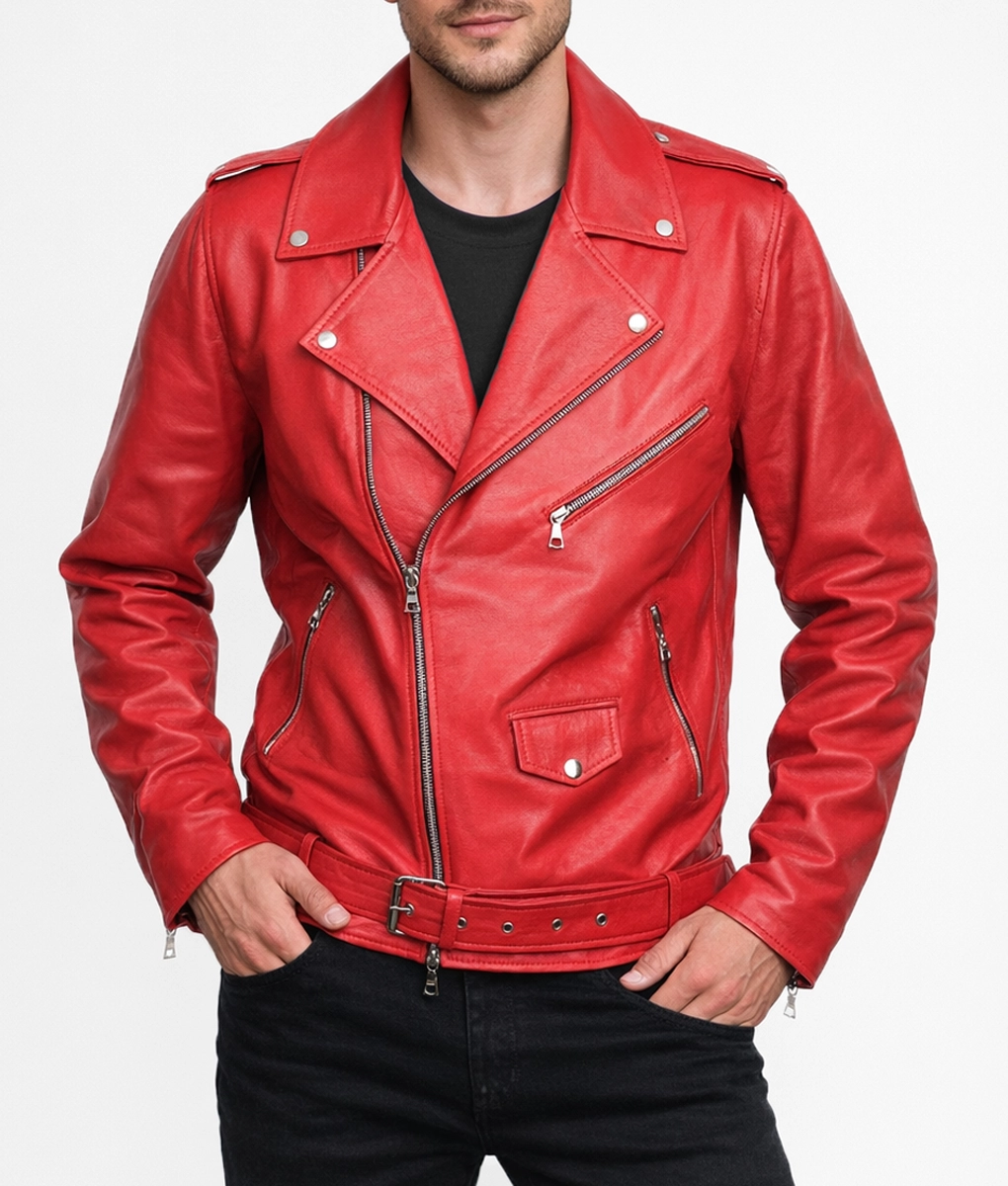 Men&rsquo;s Red Leather Biker Jacket - Front