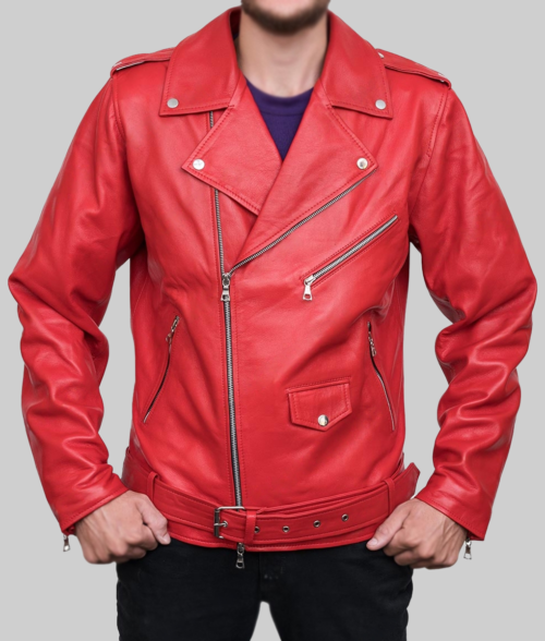 Men’s Red Leather Biker Jacket-FrontView
