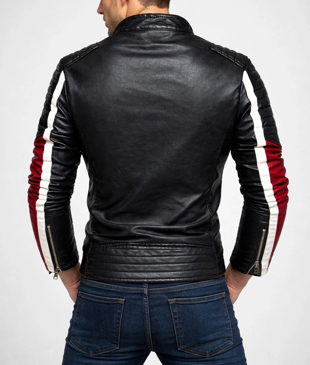 Men&rsquo;s Slim Fit Black Biker Jacket - Back