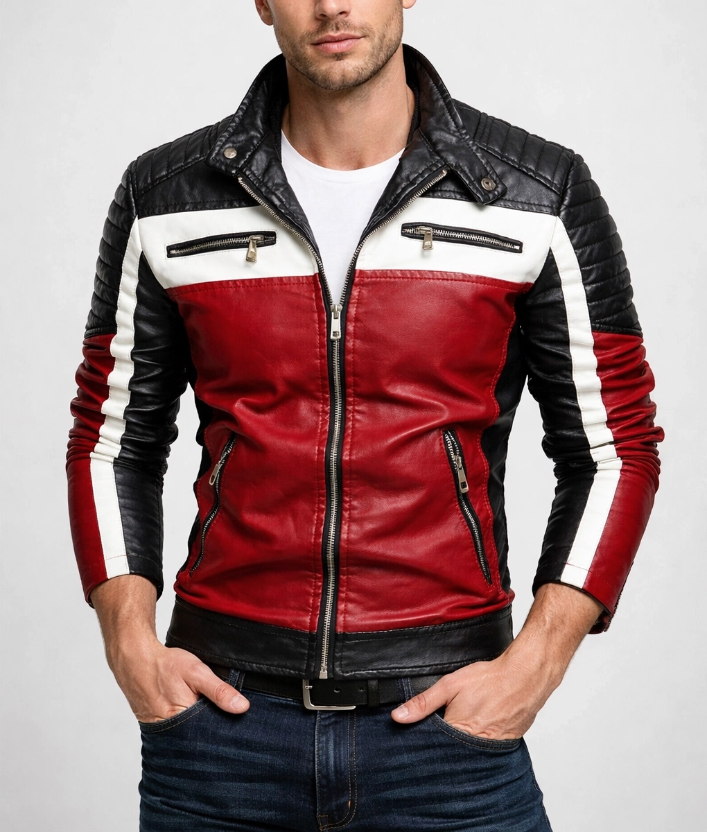 Men&rsquo;s Slim Fit Black Biker Jacket - Front