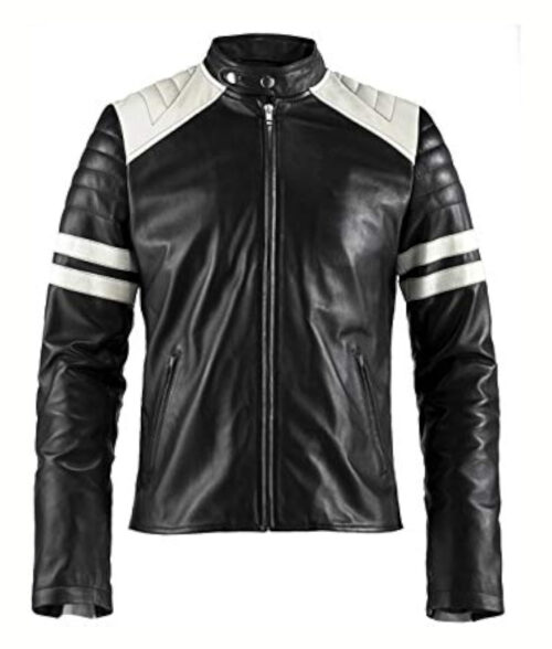 Men’s White Striped Black Bikers Jacket