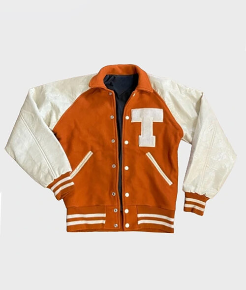 Texas Longhorn Varsity Jacket - Longhorns Varsity Jacket | Men's Wool Jacket With Leather Sleeves - Front View