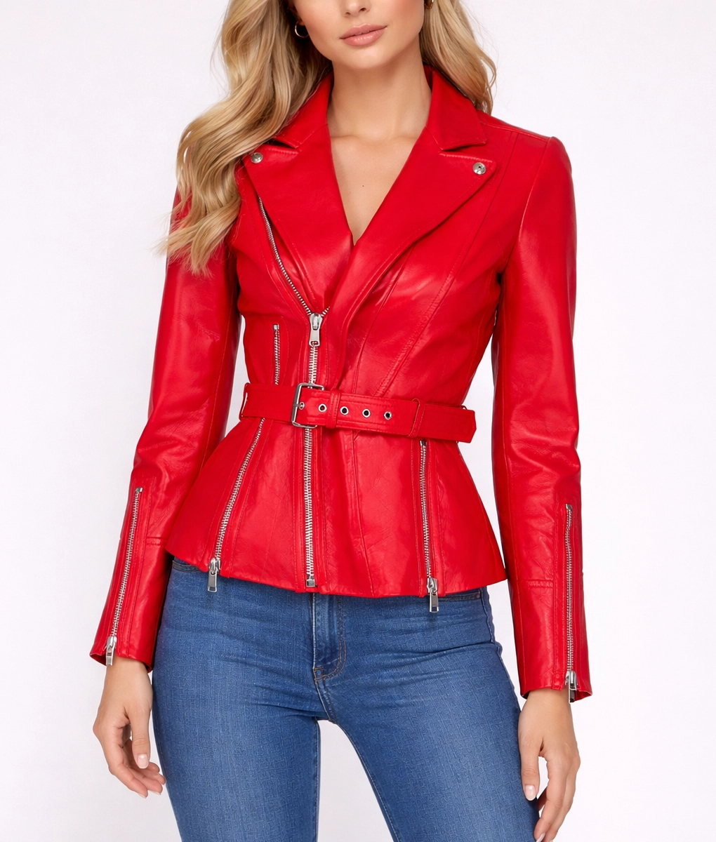 Women&rsquo;s Red Biker Leather Jacket-3