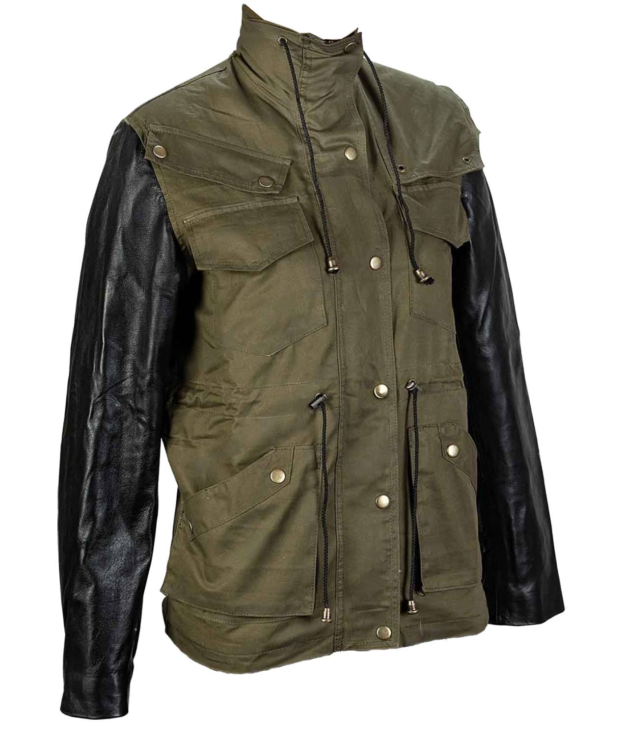 Women’s Green Jacket With Leather Sleeves