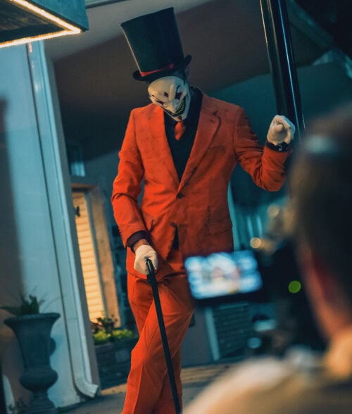 Michael Sheffield Orange Costume Suit - The Jester Cosplay Outfit | Men's Suiting Fabric Suit - Front View
