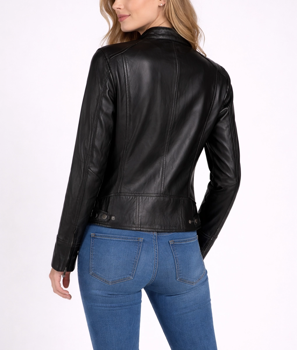 Tina Real Sheepskin Biker Leather Jacket - Back View