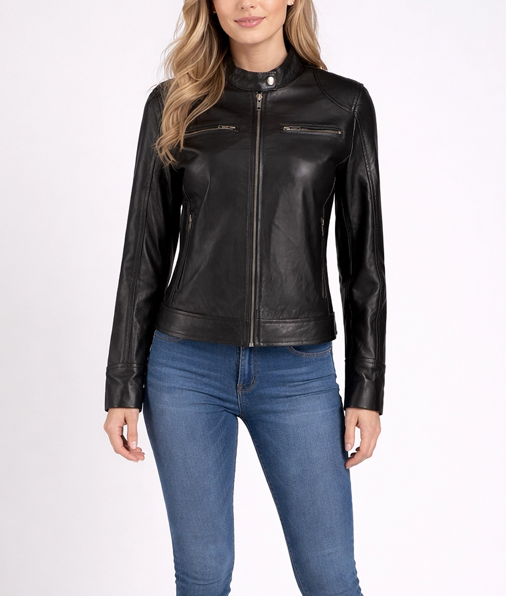 Tina Real Sheepskin Biker Leather Jacket - Front View