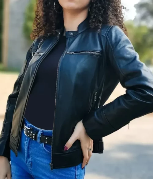 Tina Women's Black Cafe Racer Leather Jacket - On Sale