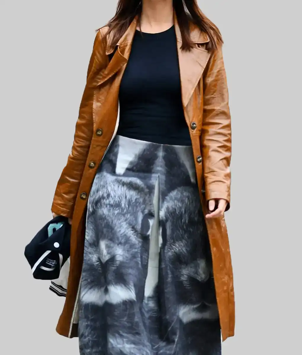 Emily Ratajkowski Street Style Brown Leather Coat