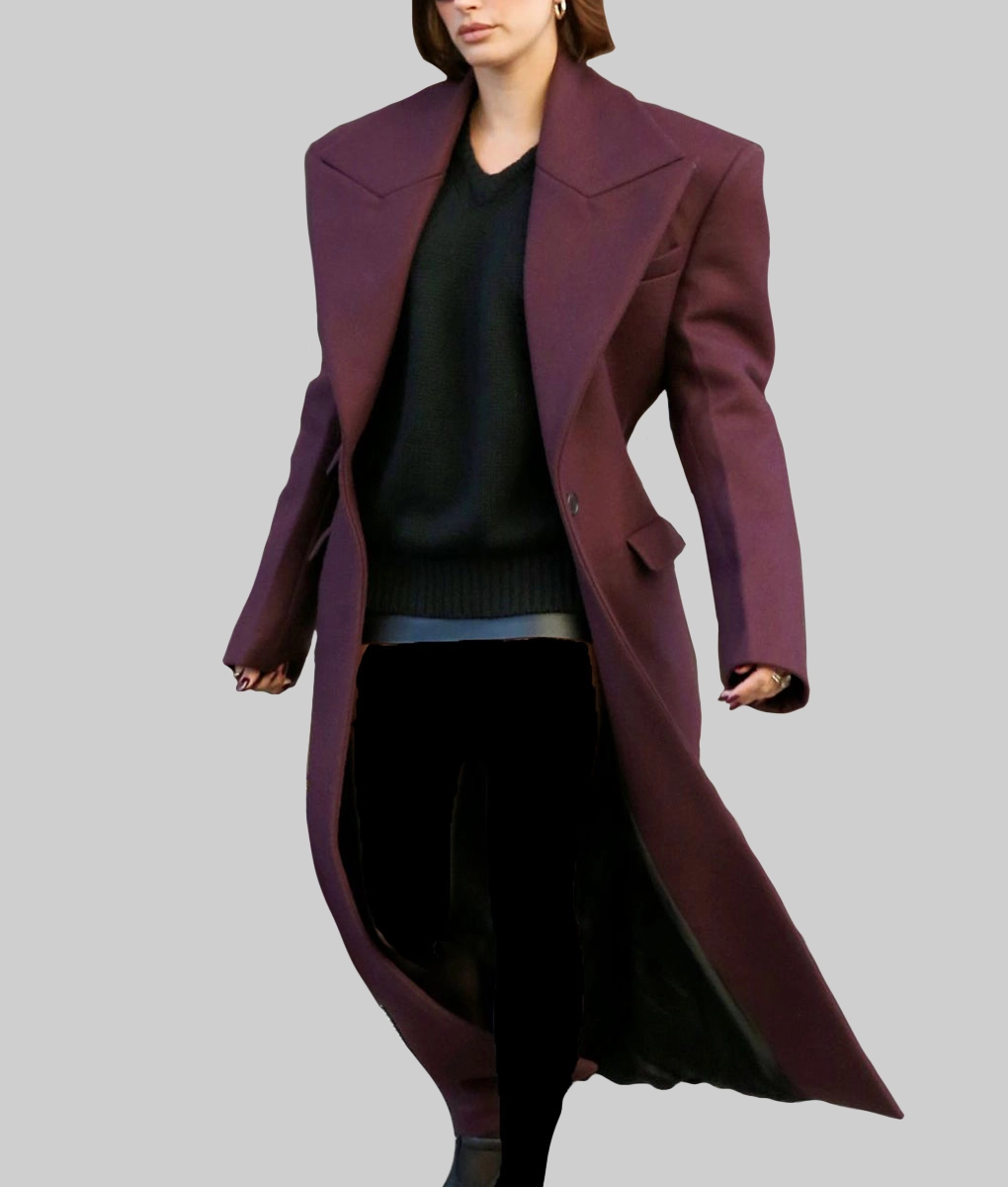 Hailey Bieber Burgundy Trench Coat