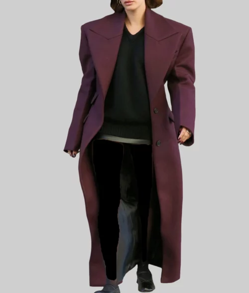Hailey Bieber Burgundy Trench Coat