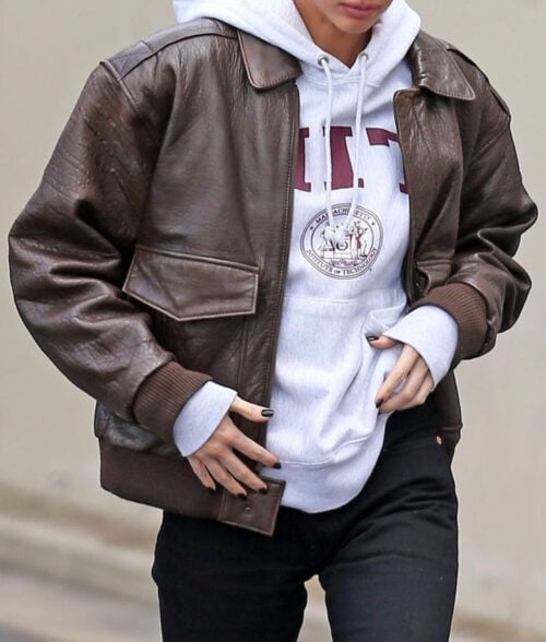 Kendall Jenner Brown Bomber Leather Jacket