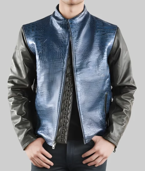 Men's Crocodile Skin Blue Leather Jacket-Front View