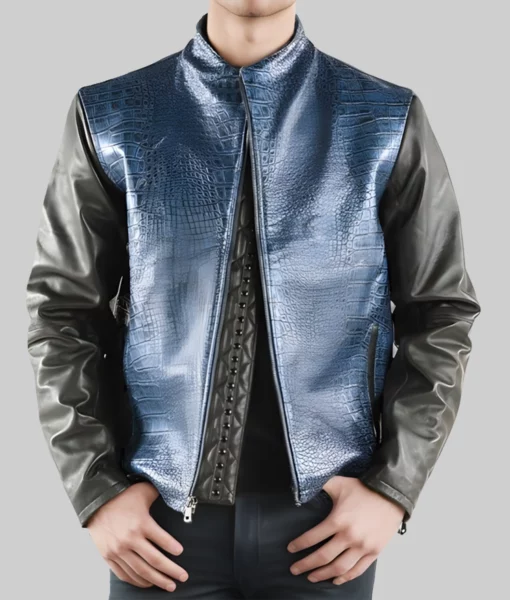 Men's Crocodile Skin Blue Leather Jacket | The Leather City