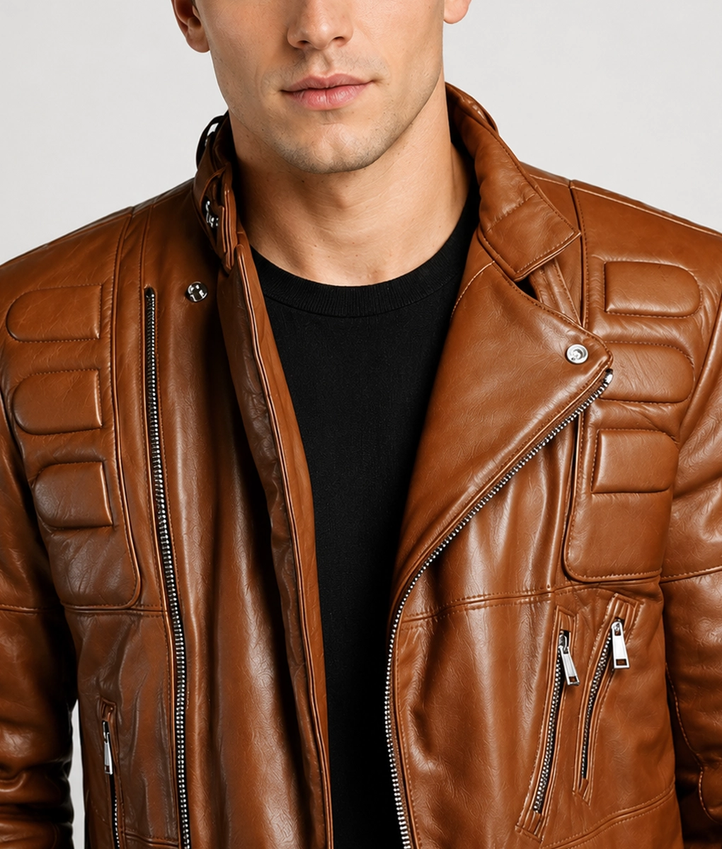 Men's Distressed Brown Slim fit Biker Jacket - Front Collar
