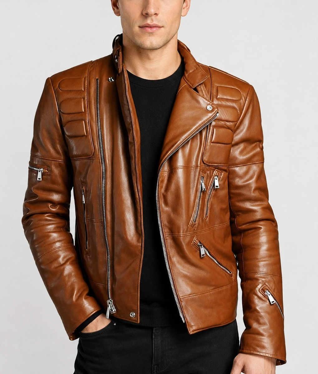 Men's Distressed Brown Slim fit Biker Jacket - Front