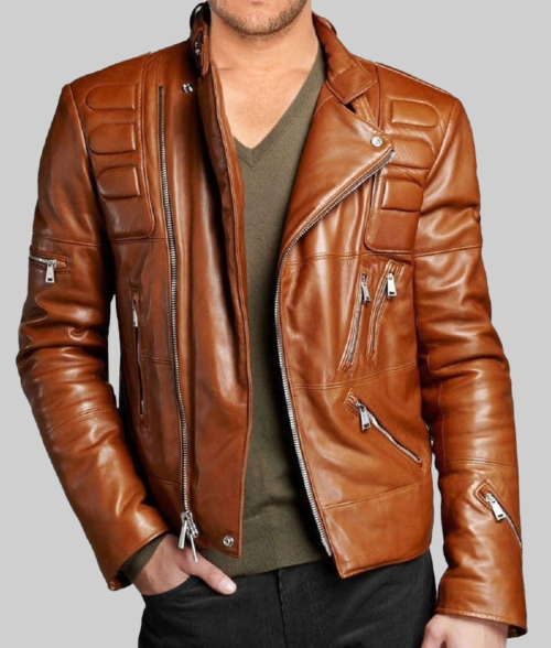Men's Distressed Brown Slim fit Biker Jacket-FrontView1