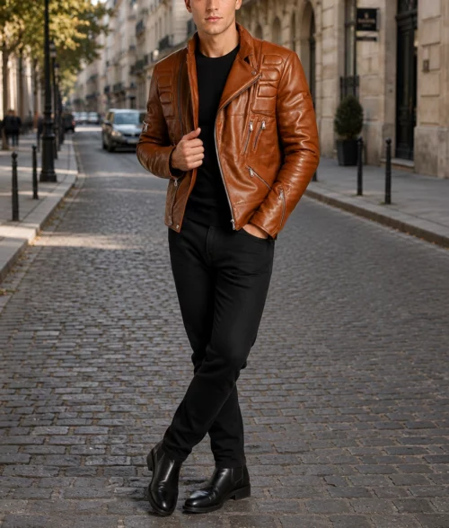 Men's Distressed Brown Slim fit Biker Jacket - Full 2