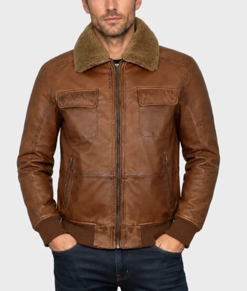 Men’s Fur Collar Brown Bomber Jacket - Front