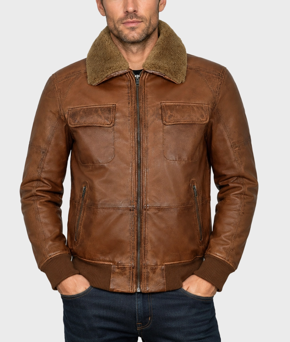 Men&rsquo;s Fur Collar Brown Bomber Jacket - Front