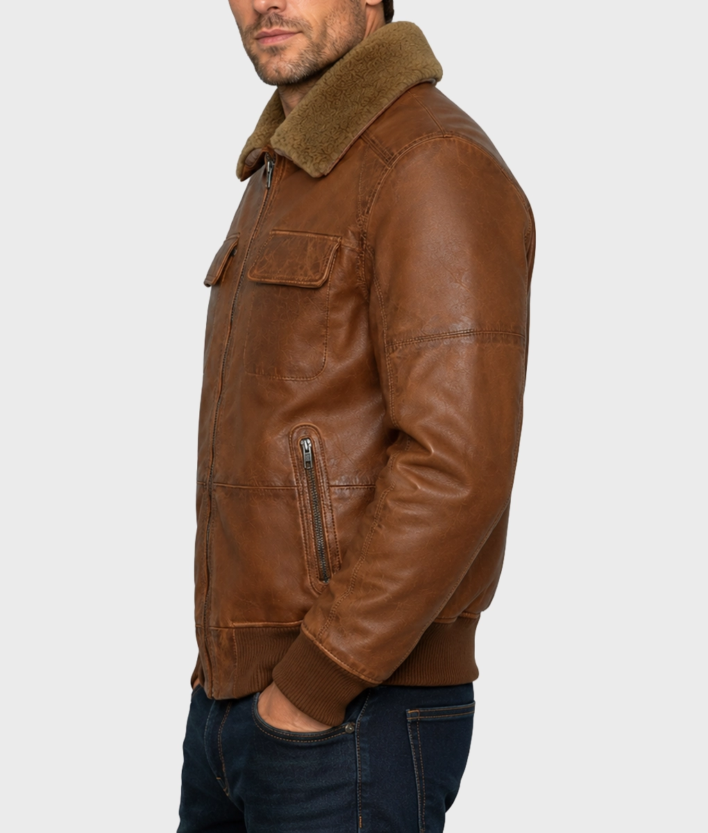 Men&rsquo;s Fur Collar Brown Bomber Jacket - Side